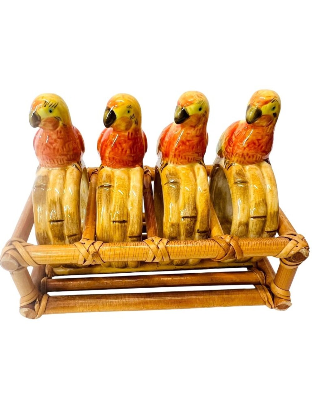 Retro 1980s Ceramic Parrot Napkin Rings & Bamboo Caddy Set MCM Tropical Decor